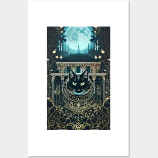 Black yule Cat at night 4 Posters and Art